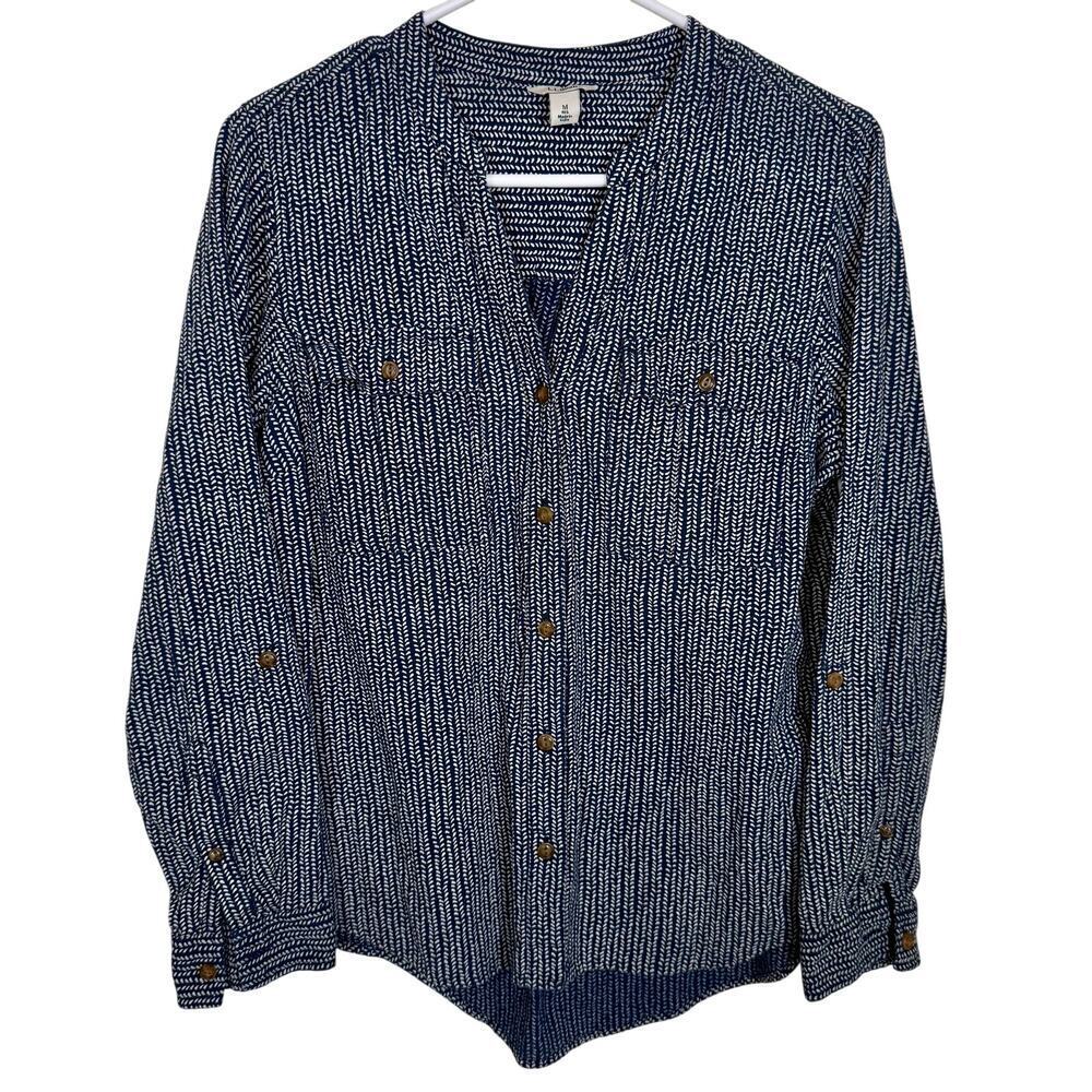 L.L. Bean Organic Cotton Gauzy Roll Tab Long Sleeve Shirt Navy Cream Print MED